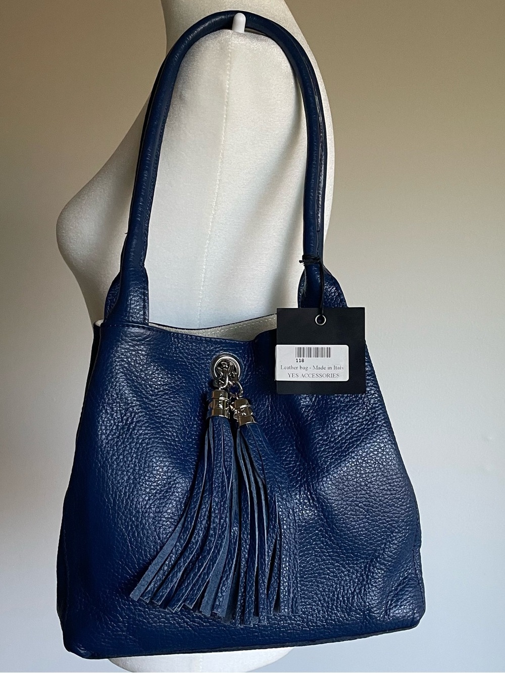 🔥 NWT Navy Blue Pebbled Italian Leather Shoulder Bag Yes Accessories Tassel Hobo